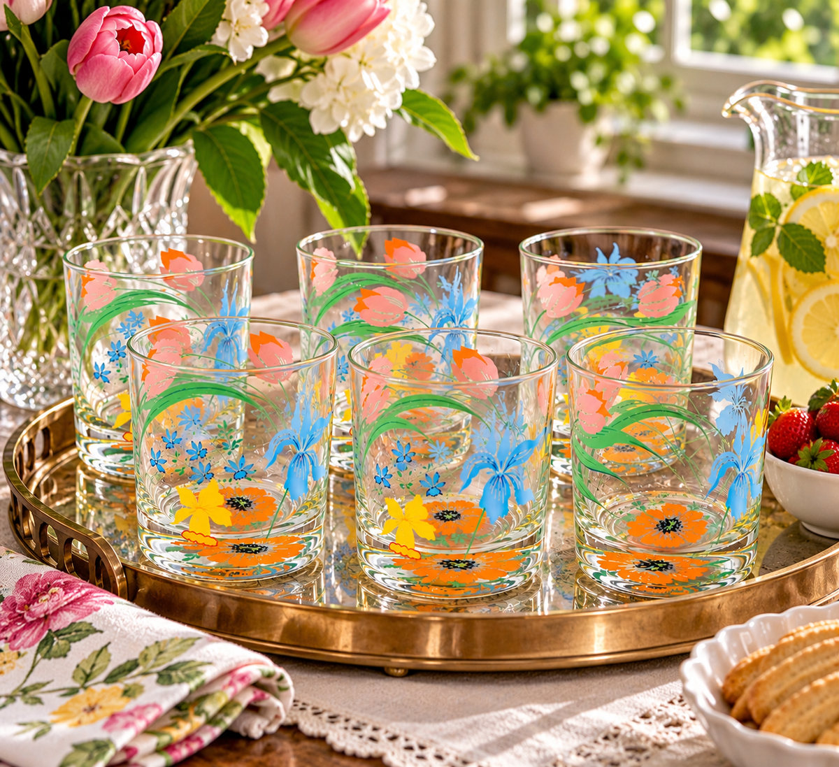 GL-10--Vintage Glass Set of 6 Primavera Floral Tulip Tumblers Hendrich Co. Circa 1950 3"