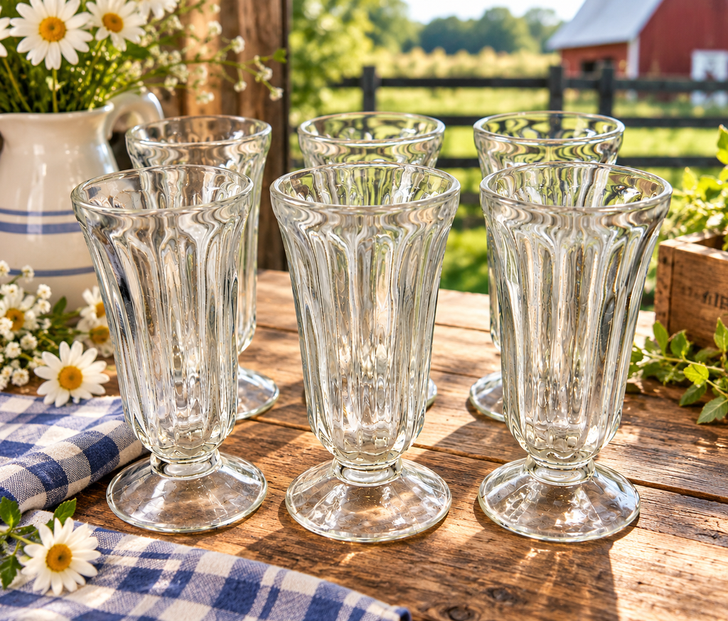 GL-12 vintage clear etched soda fountain glasses set of 6 on white background