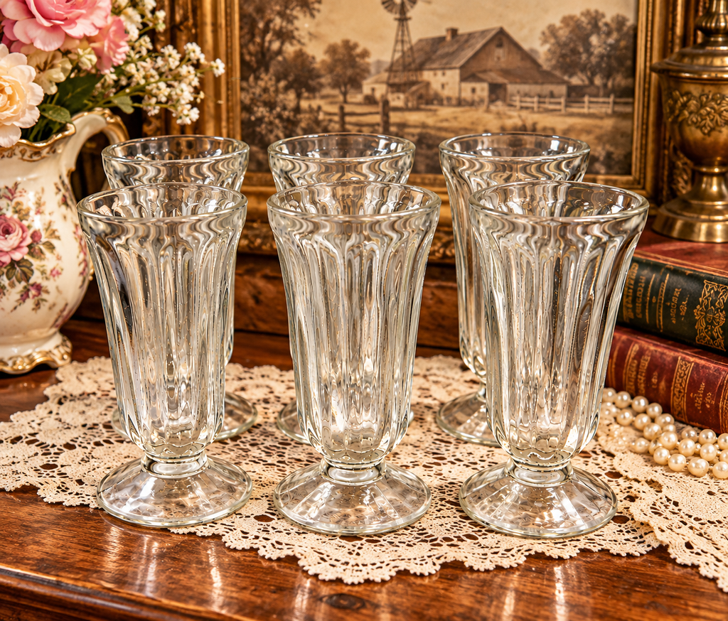 Vintage clear etched soda fountain glasses displayed in a charming farm setting