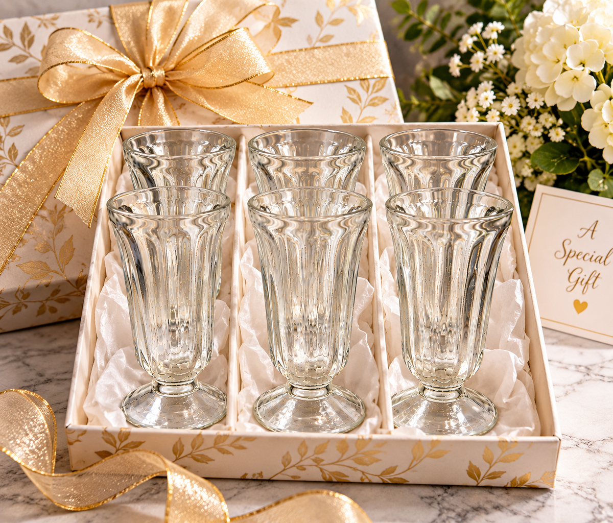 GL-12--Vintage Indiana Glass Soda Fountain Glasses Set of 6 Clear Ribbed Etched Stemmed Glasses USA