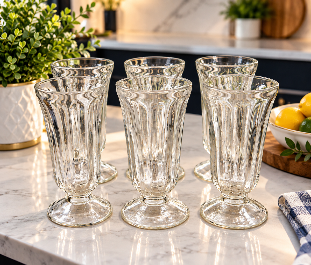 Vintage Indiana Glass soda fountain glasses with etched design in vintage setting