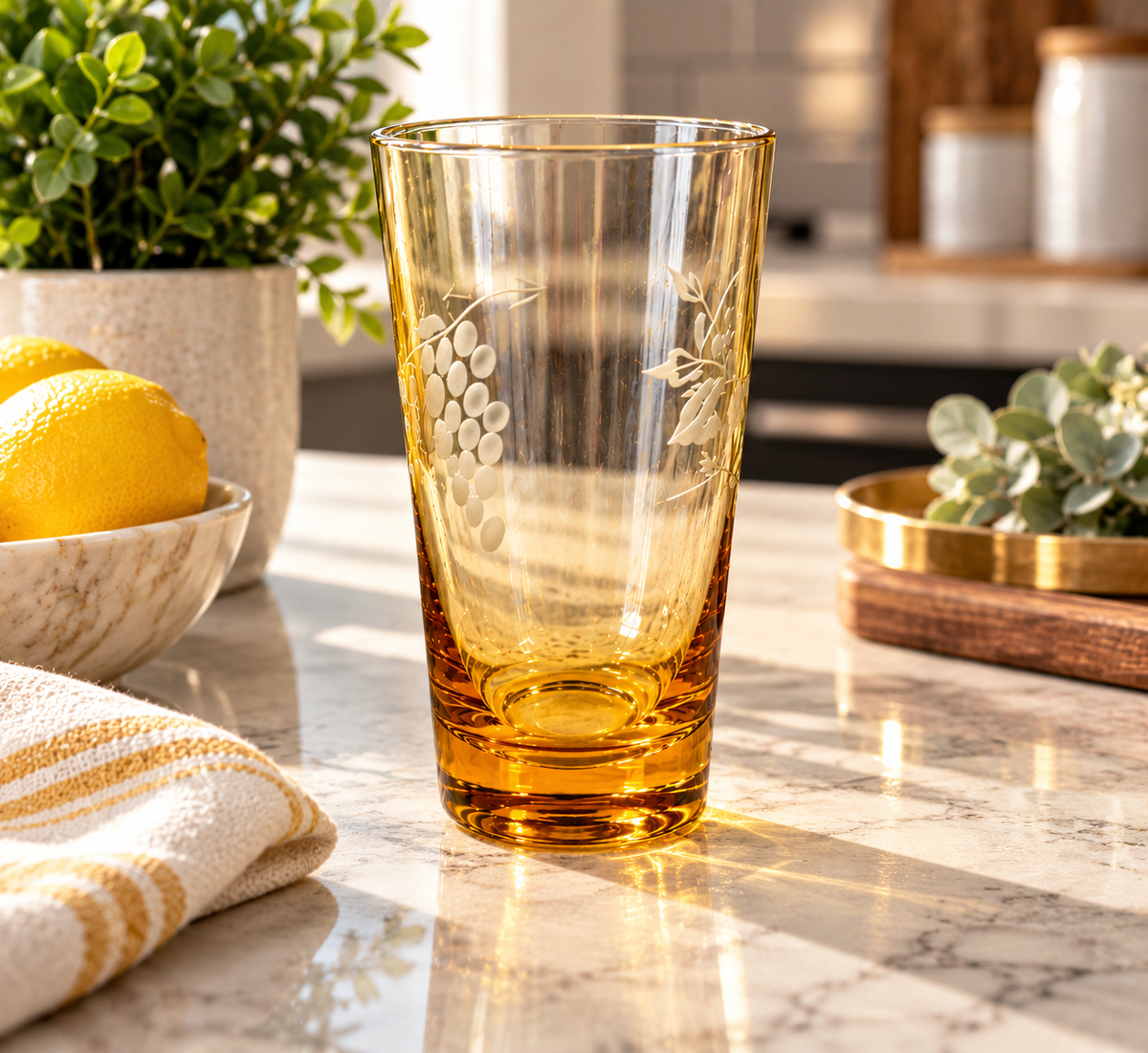 Vintage Libbey amber glass tumbler displayed in modern kitchen setting