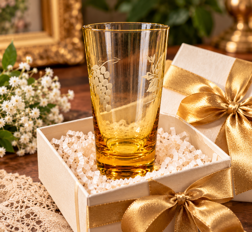Vintage Libbey amber glass tumbler presented as an elegant gift