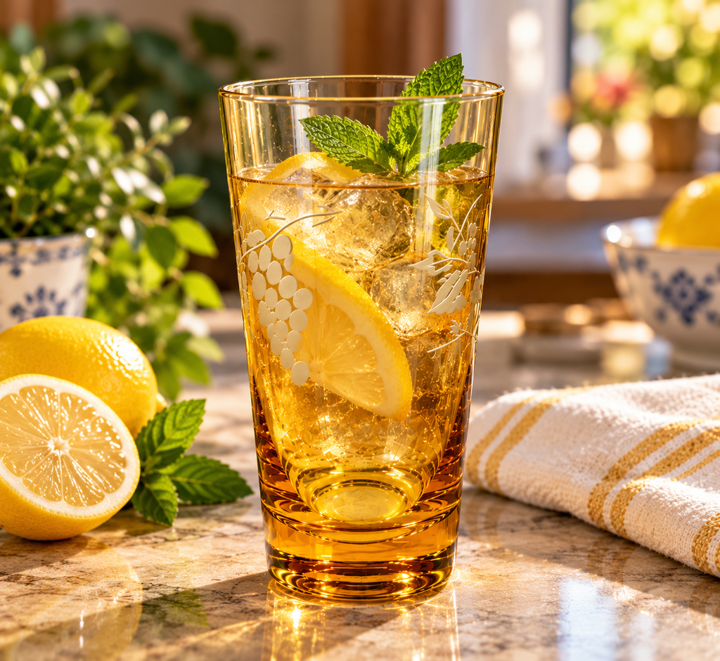 Vintage Libbey amber glass tumbler with iced lemon drink and mint