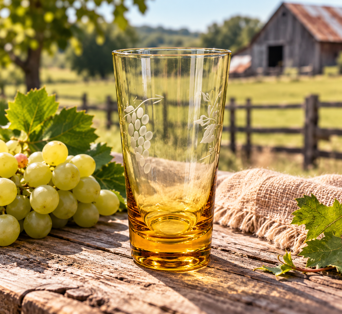 Vintage Libbey amber glass tumbler with grape etching in rustic farm setting