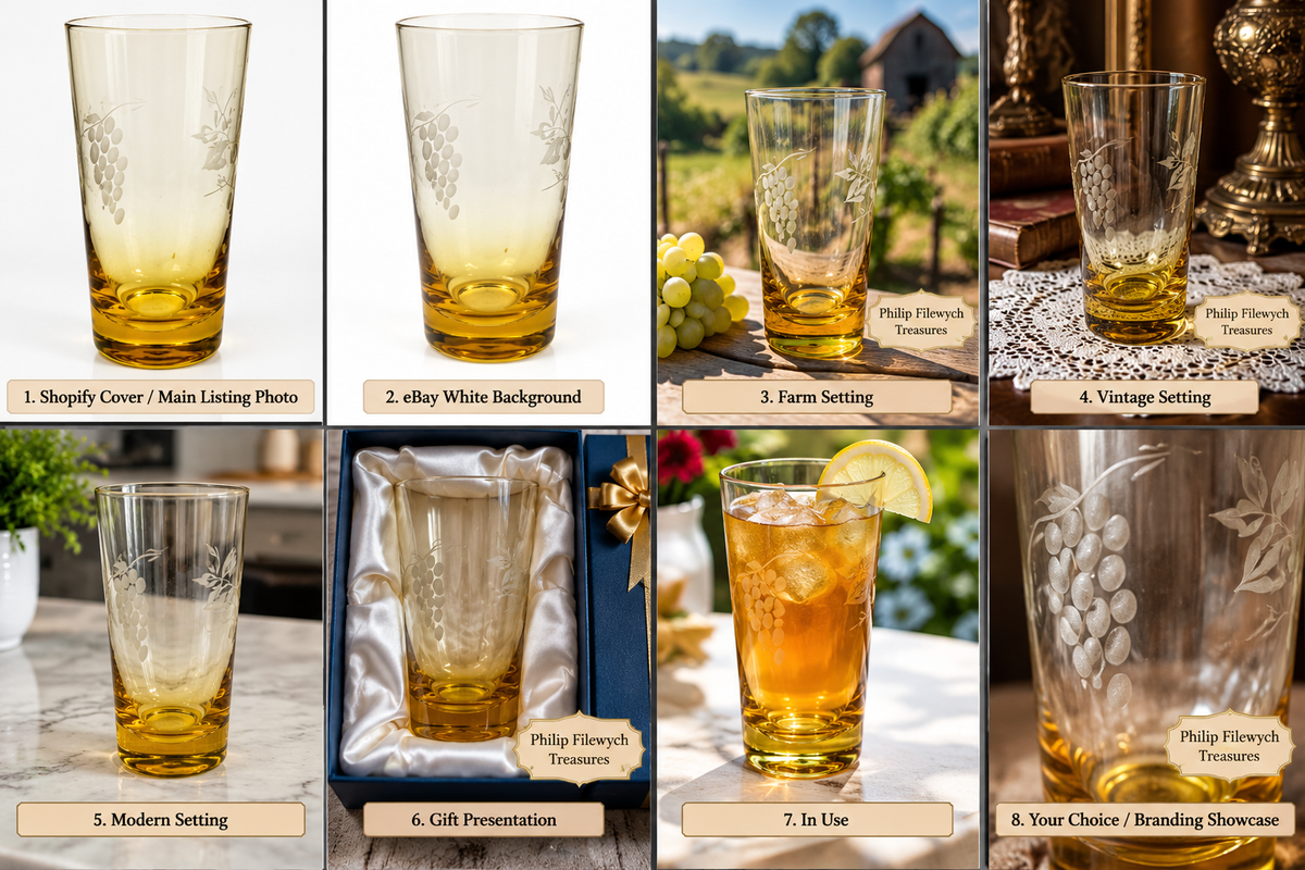 Vintage Libbey amber glass tumbler with etched grape and vine pattern, circa 1930