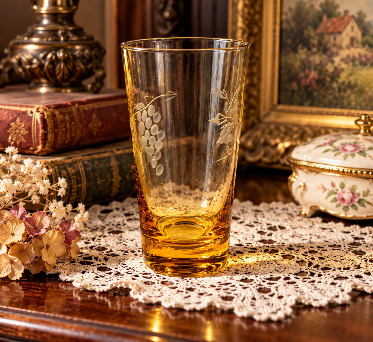 Vintage Libbey amber glass tumbler displayed in modern kitchen setting