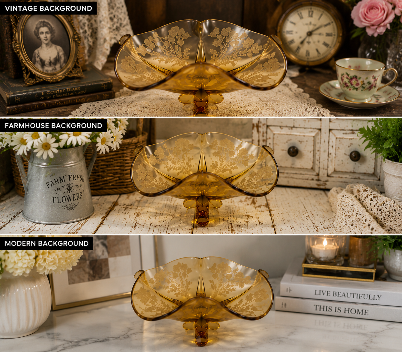 GLB-02--Vintage Amber Floral Glass Covered Serving Dish