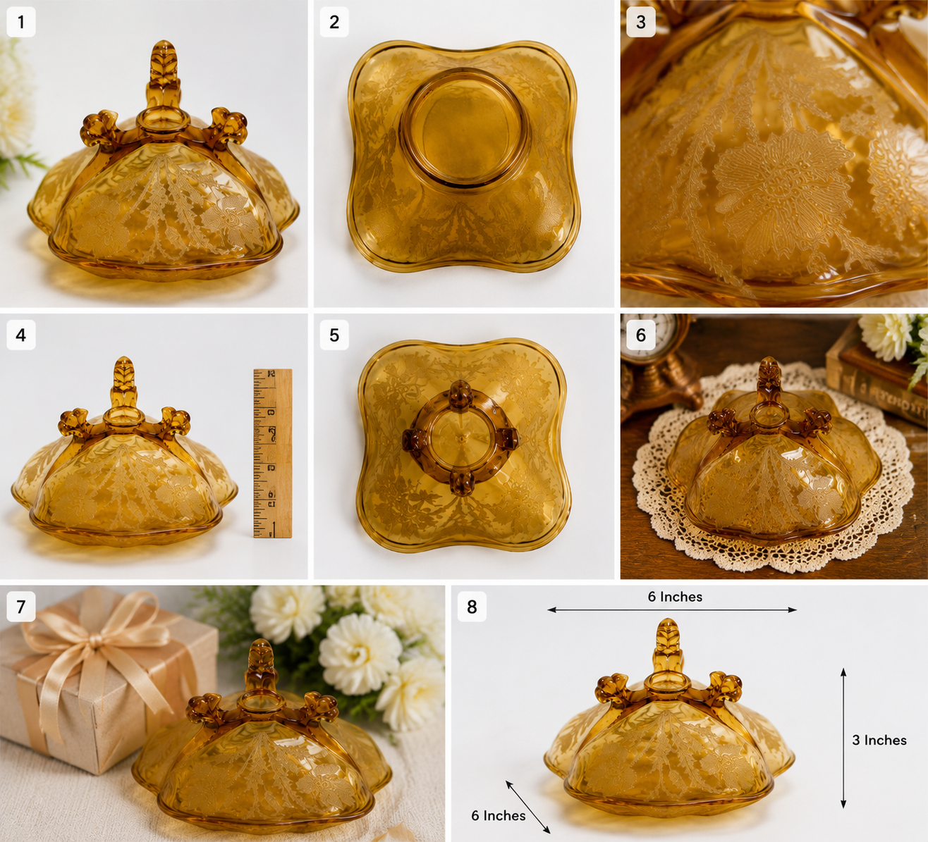 GLB-02--Vintage Amber Floral Glass Covered Serving Dish