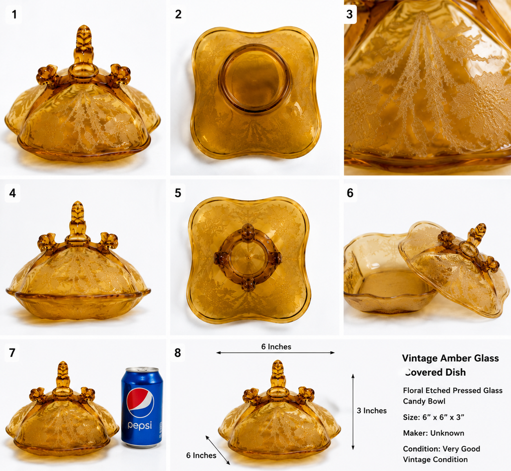 GLB-02--Vintage Amber Floral Glass Covered Serving Dish