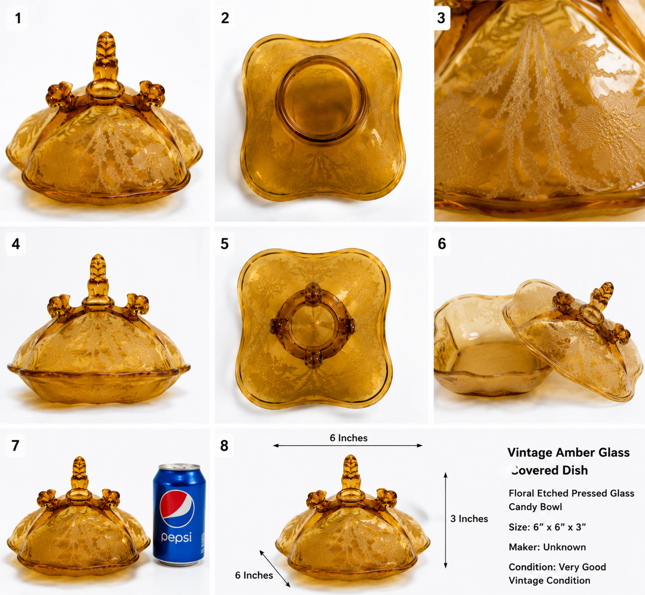 GLB-02--Vintage Amber Floral Glass Covered Serving Dish