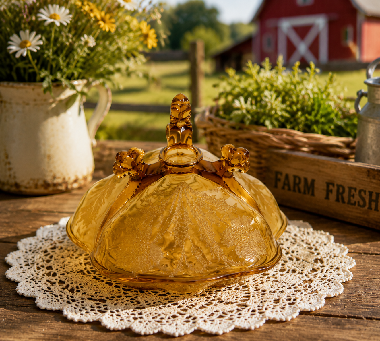 GLB-02--Vintage Amber Floral Glass Covered Serving Dish