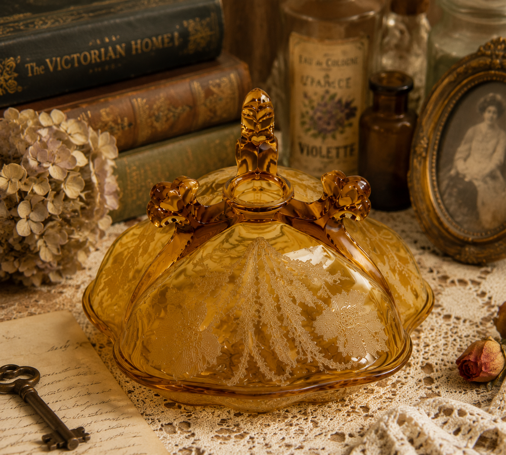 GLB-02--Vintage Amber Floral Glass Covered Serving Dish