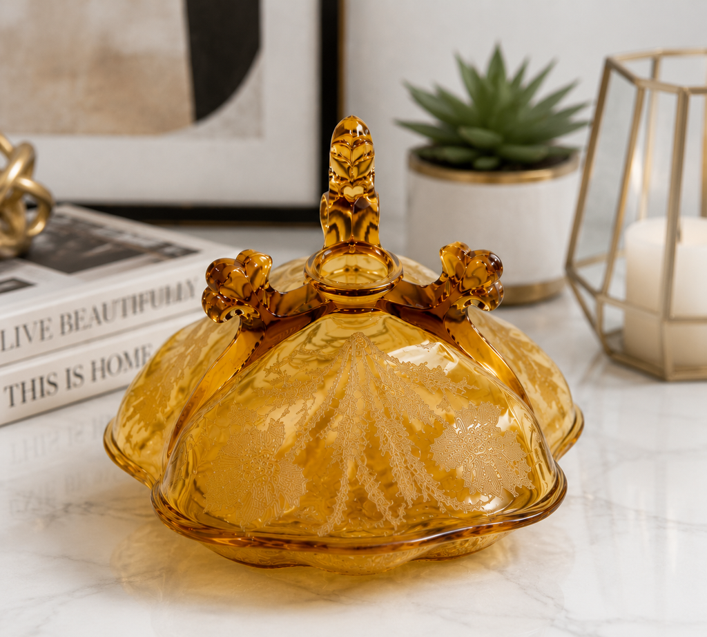 GLB-02--Vintage Amber Floral Glass Covered Serving Dish