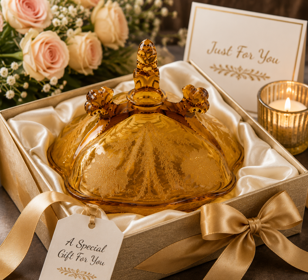 GLB-02--Vintage Amber Floral Glass Covered Serving Dish