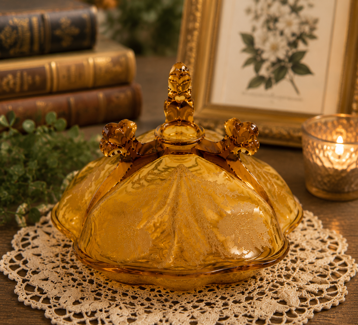 GLB-02--Vintage Amber Floral Glass Covered Serving Dish