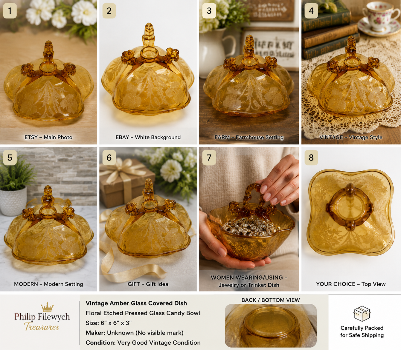 GLB-02--Vintage Amber Floral Glass Covered Serving Dish
