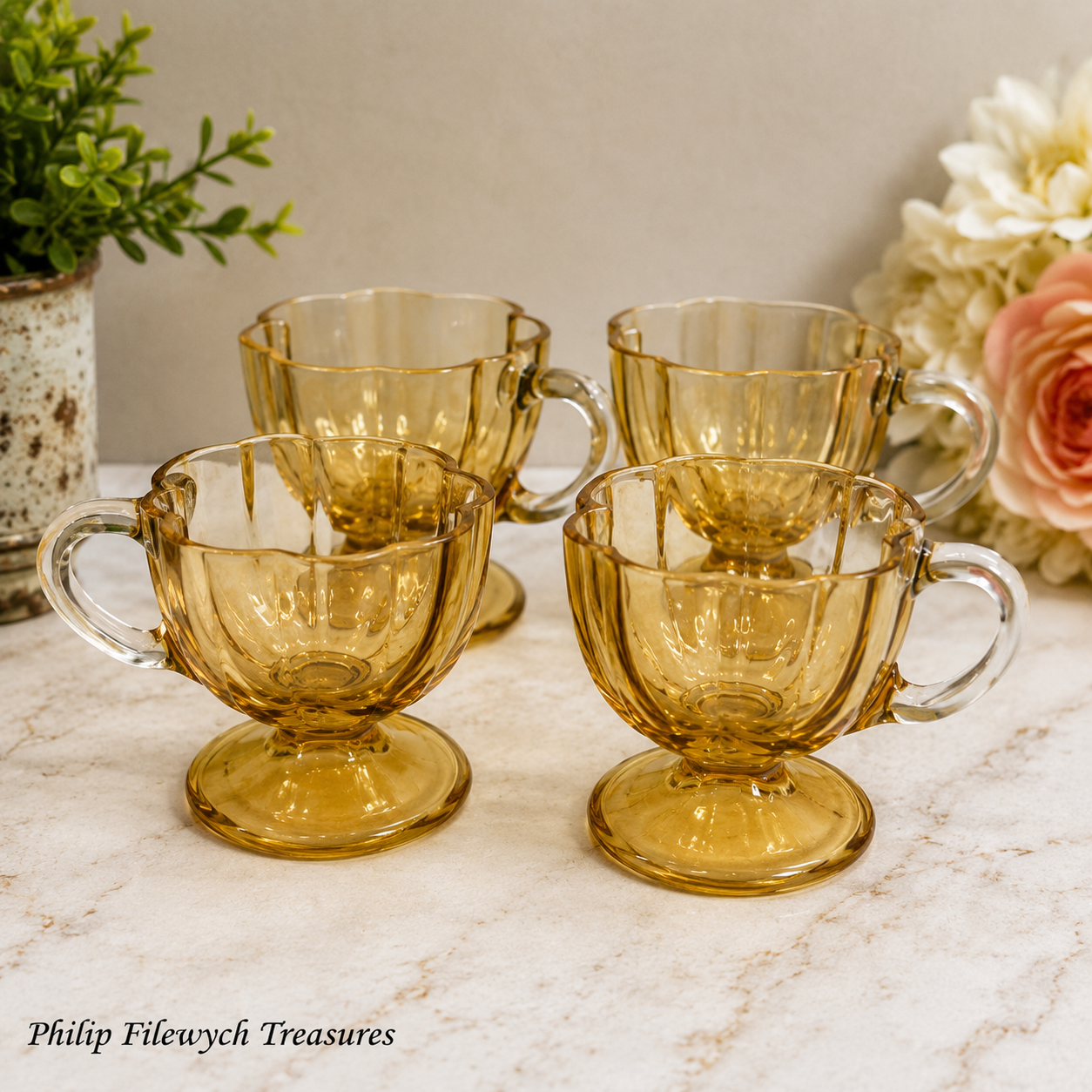 GCV-10--Vintage Amber Footed Glass Cups – Set of 4