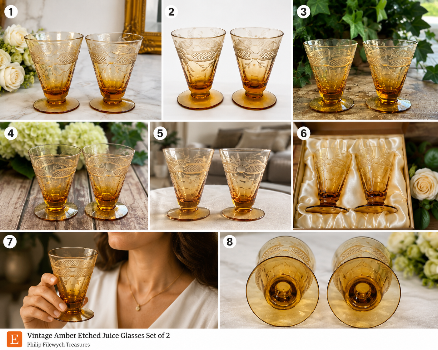 Title LCET-02--Vintage Amber Etched Footed Glasses – Set of 2