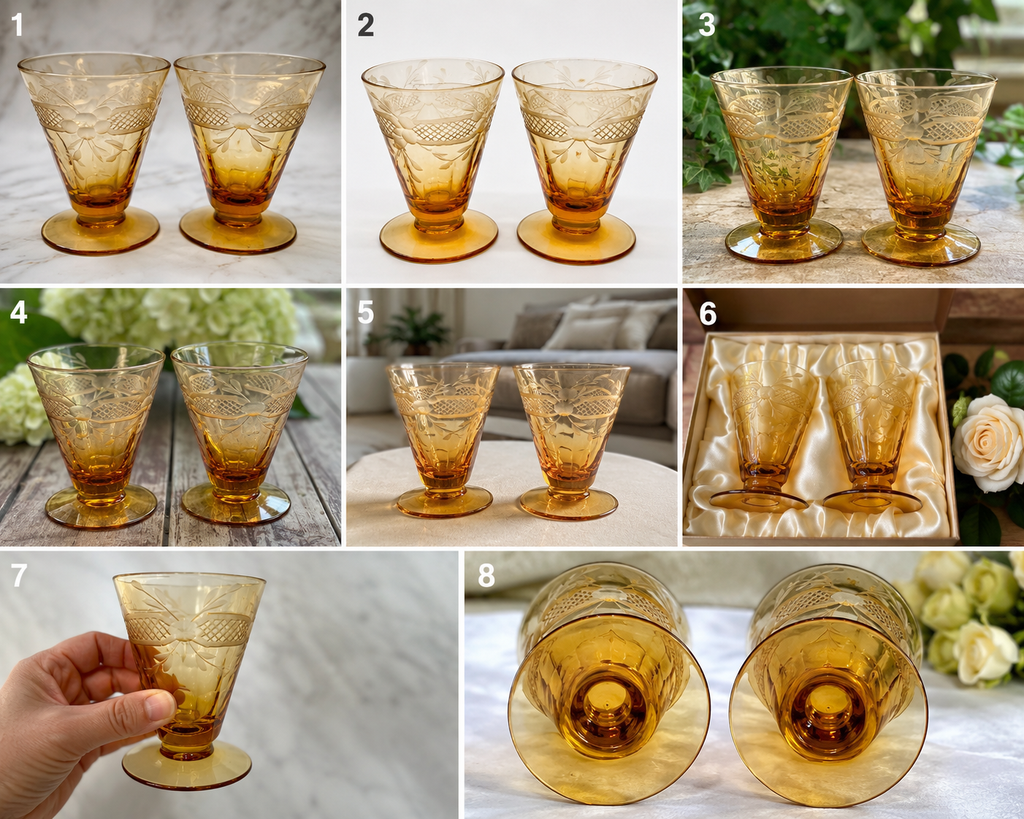 Title LCET-02--Vintage Amber Etched Footed Glasses – Set of 2