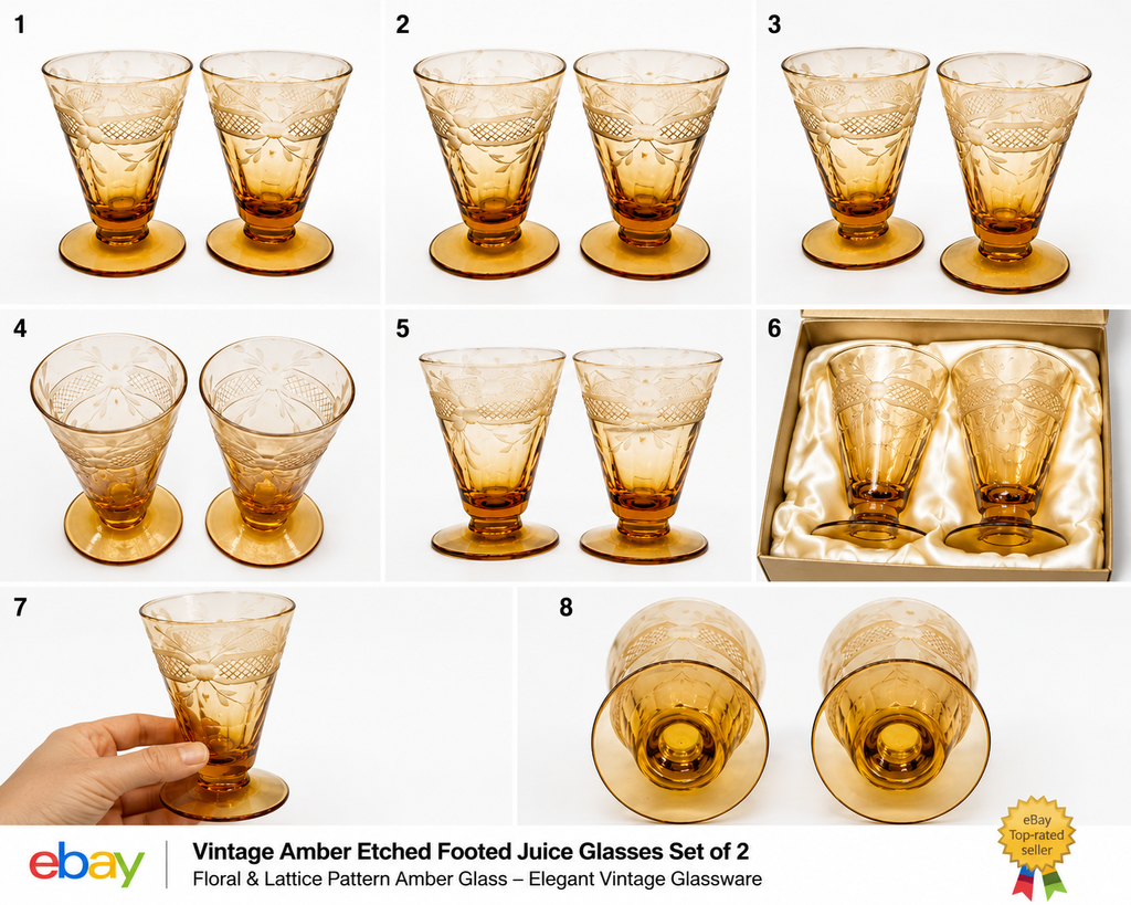 Title LCET-02--Vintage Amber Etched Footed Glasses – Set of 2