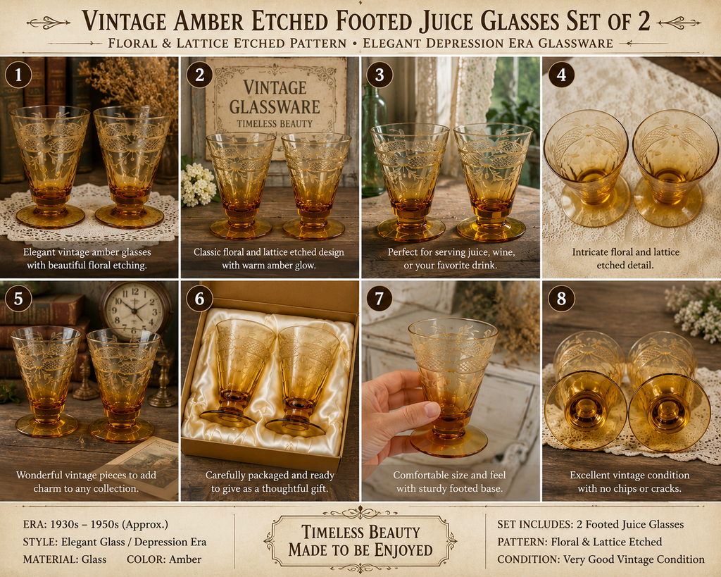 Title LCET-02--Vintage Amber Etched Footed Glasses – Set of 2