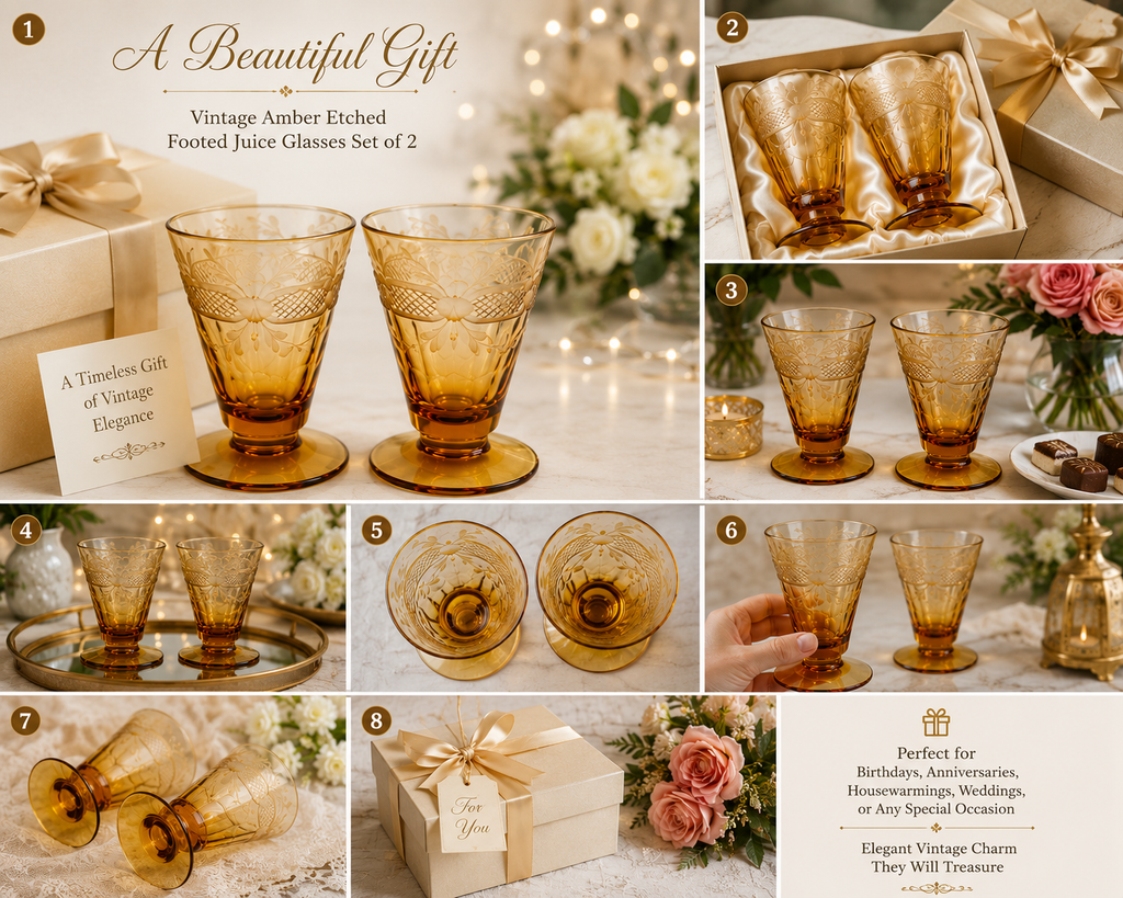 Title LCET-02--Vintage Amber Etched Footed Glasses – Set of 2