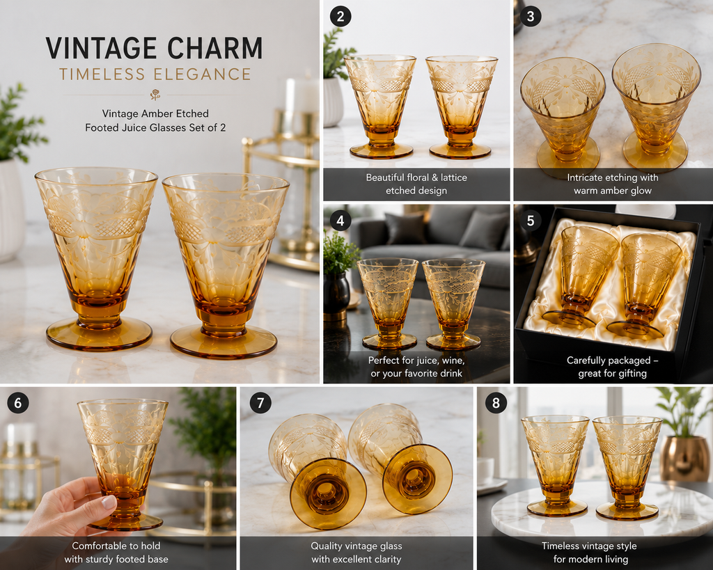 Title LCET-02--Vintage Amber Etched Footed Glasses – Set of 2