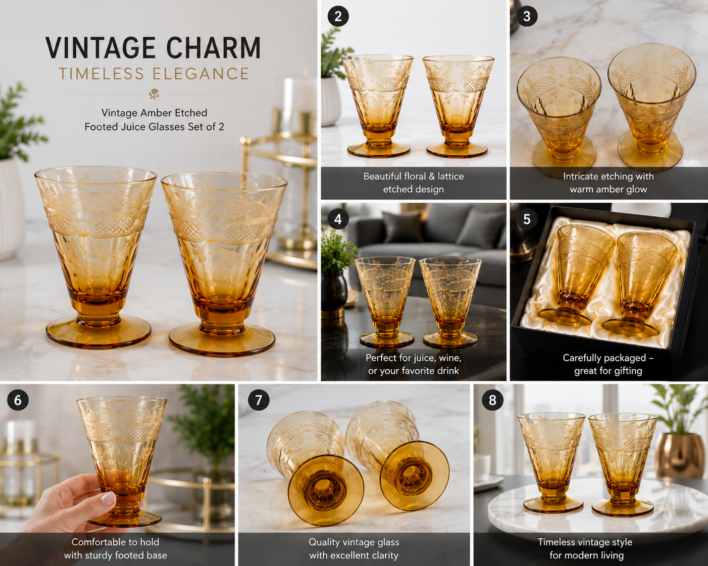 Title LCET-02--Vintage Amber Etched Footed Glasses – Set of 2