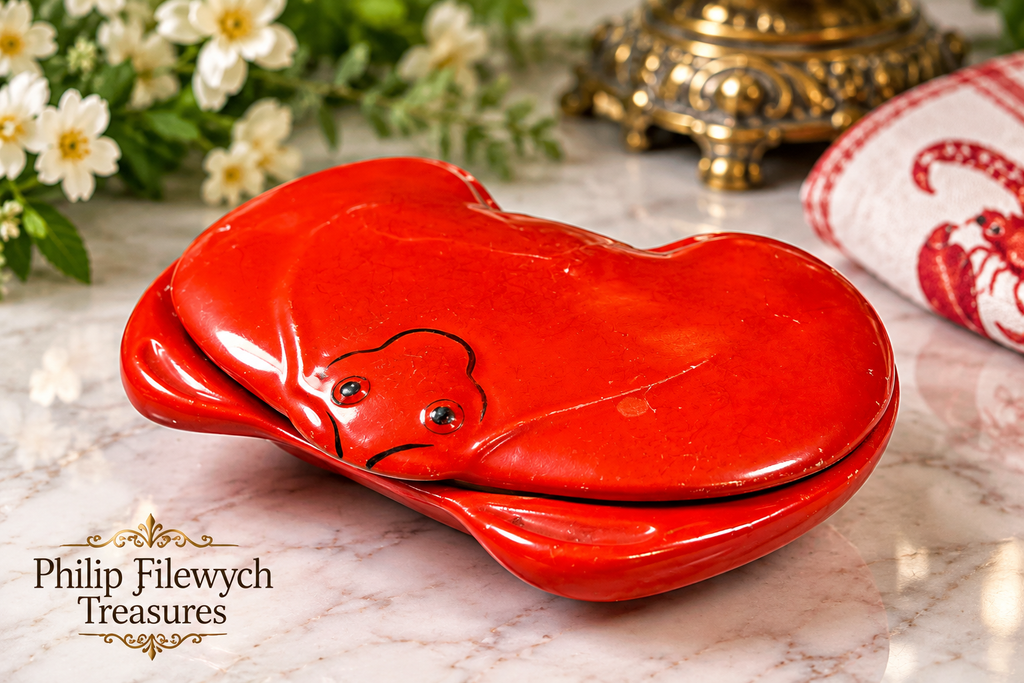 Vintage red lobster-shaped dish with lid, shown clearly at a 3/4 angle. Clean attractive setting. Show the complete item prominently.
