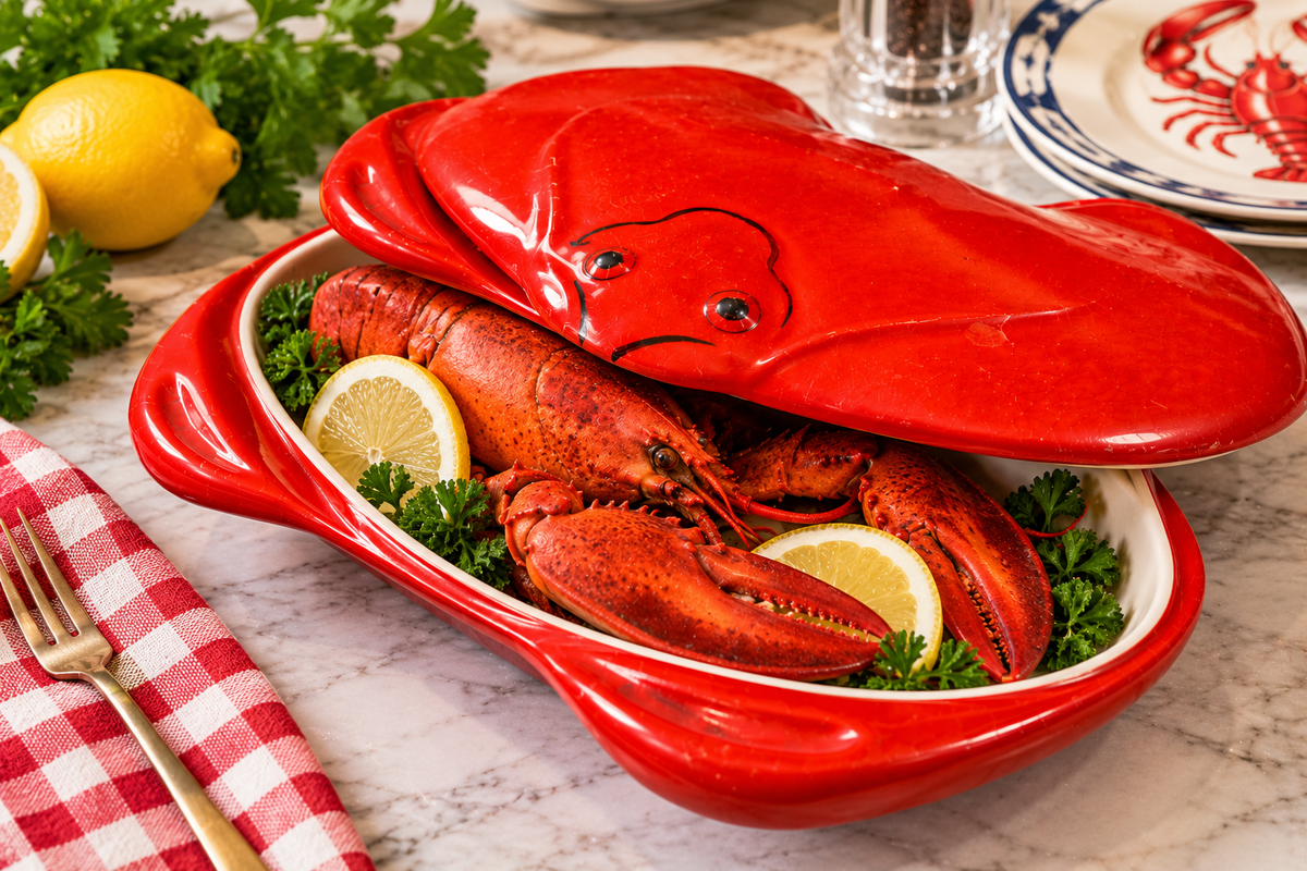 LOB-10 shown open with the lid beside or behind the dish, demonstrating its use as a serving piece. Include an attractive food presentation while keeping the vintage lobster design visible. Philip Filewych Treasures branding may be included.