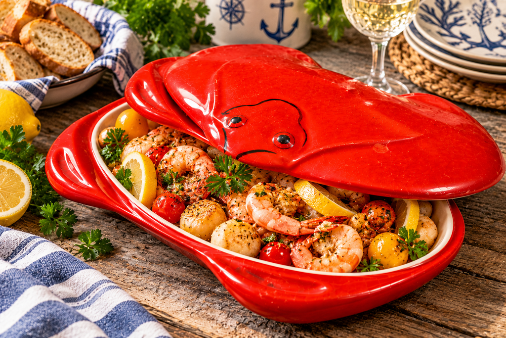 LOB-10 shown open with the lid beside or behind the dish, demonstrating its use as a serving piece. Include an attractive food presentation while keeping the vintage lobster design visible. Philip Filewych Treasures branding may be included.