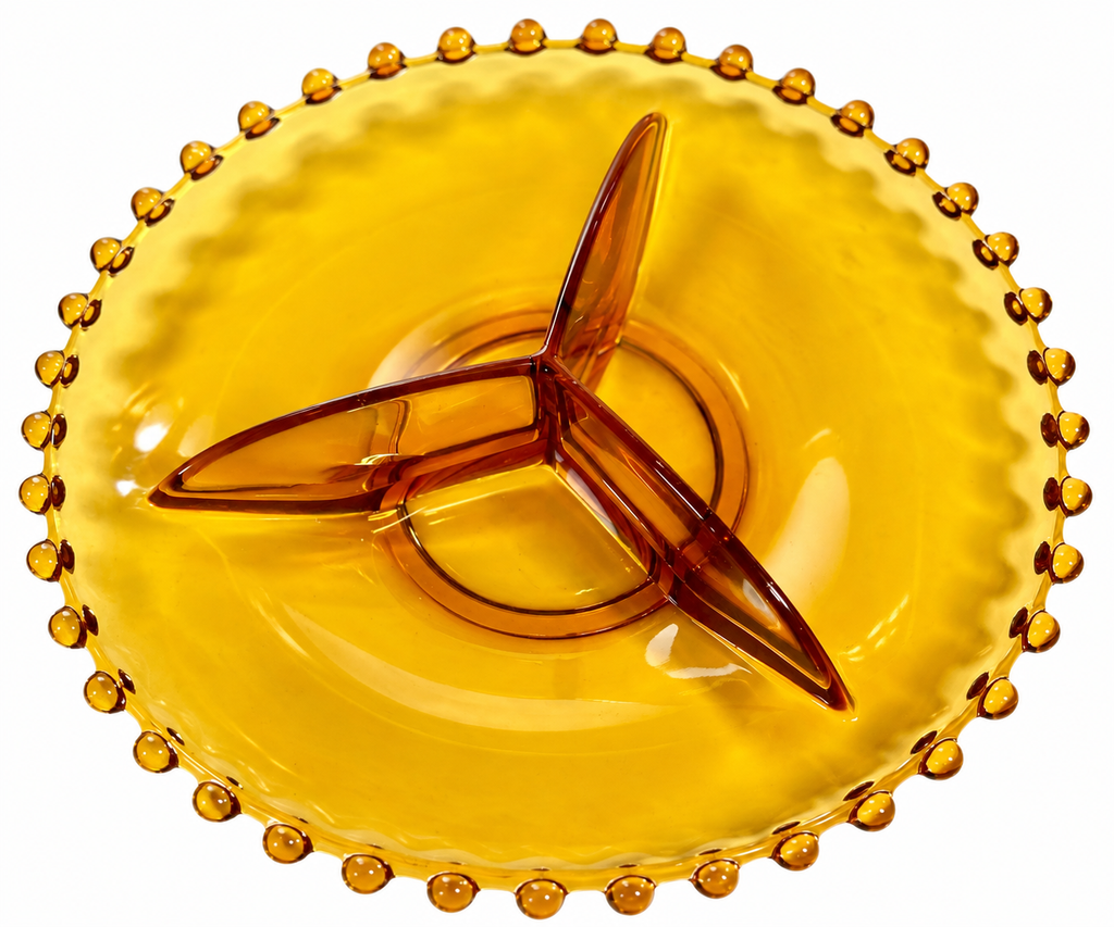 NB-05--Vintage 1930s Czech Bohemian Amber Glass Nut Bowl 12" Beaded Candlewick Rim Art Deco