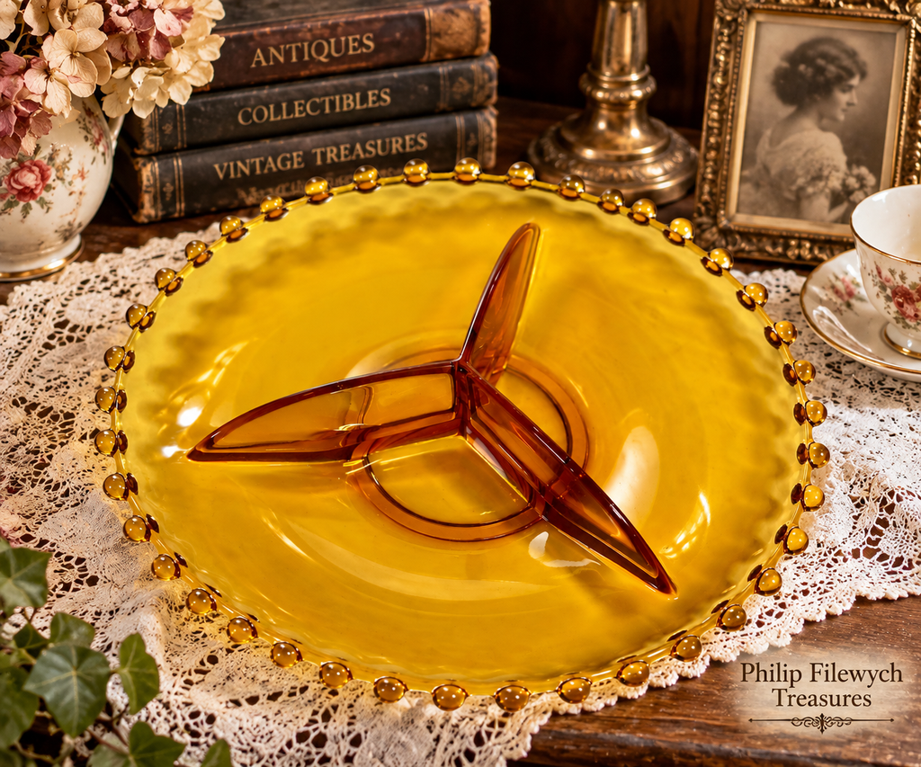 NB-05--Vintage 1930s Czech Bohemian Amber Glass Nut Bowl 12" Beaded Candlewick Rim Art Deco