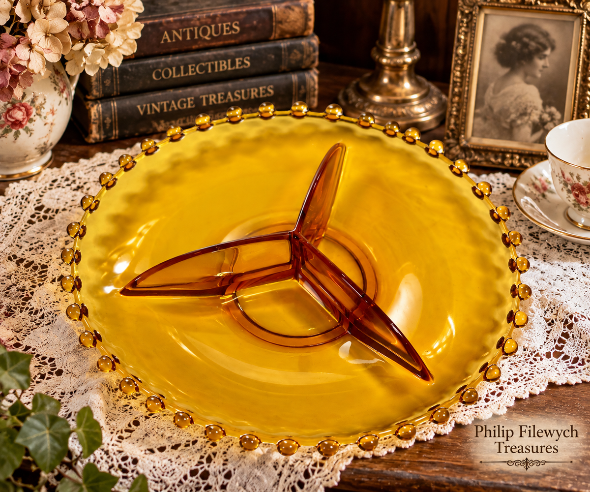 NB-05--Vintage 1930s Czech Bohemian Amber Glass Nut Bowl 12" Beaded Candlewick Rim Art Deco