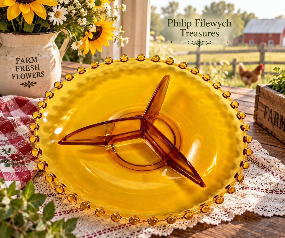 NB-05--Vintage 1930s Czech Bohemian Amber Glass Nut Bowl 12" Beaded Candlewick Rim Art Deco