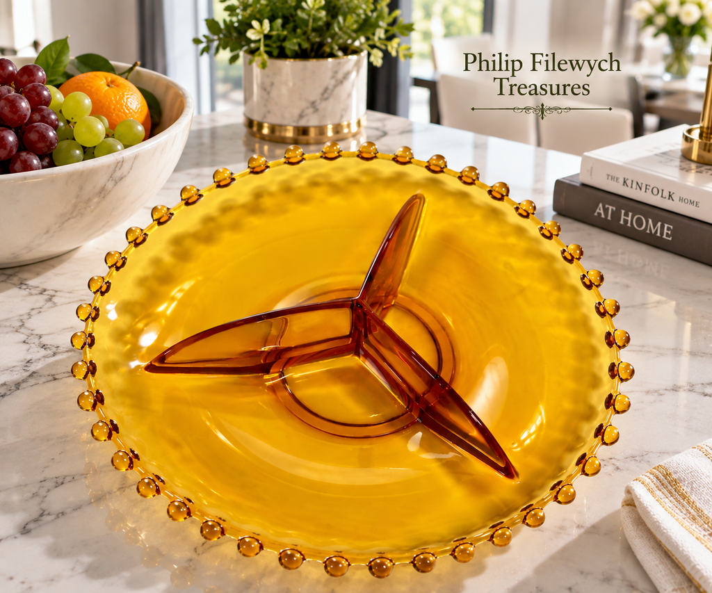 NB-05--Vintage 1930s Czech Bohemian Amber Glass Nut Bowl 12" Beaded Candlewick Rim Art Deco