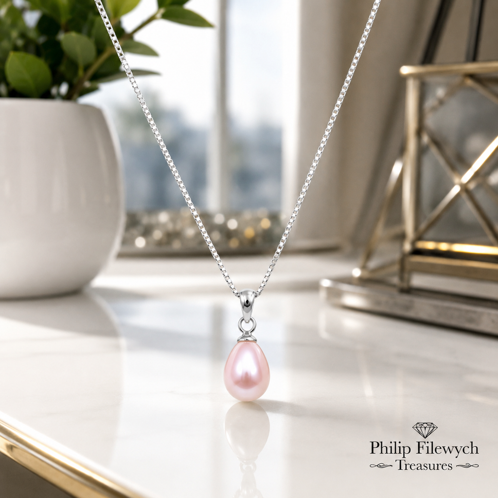 NC-11--Natural Pink Freshwater Pearl Pendant Necklace – 18" Silver Tone Box Chain