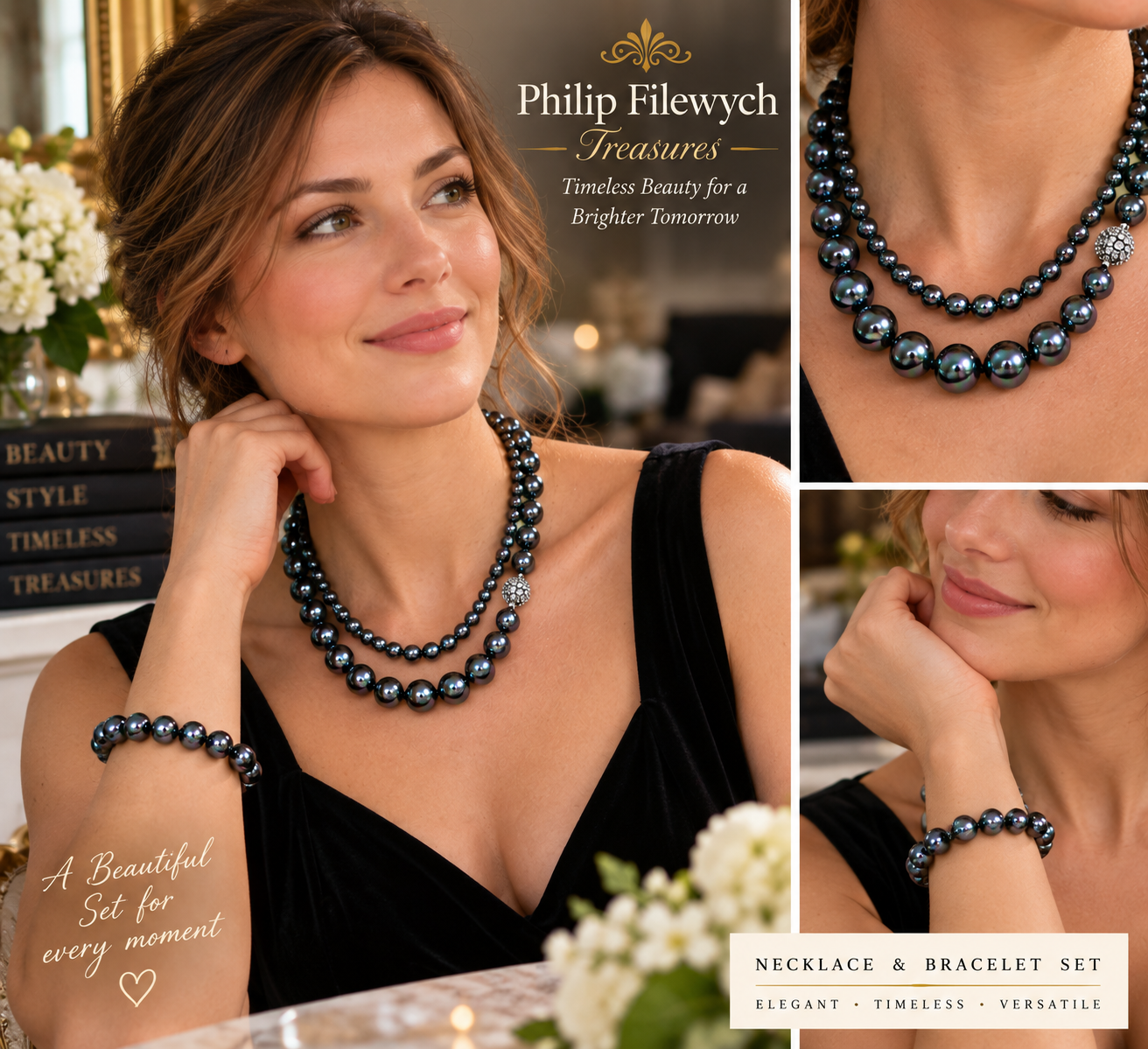 NC-12--Black South Sea Cultured Pearl Necklace Set 10–8mm AAA 16" 70g