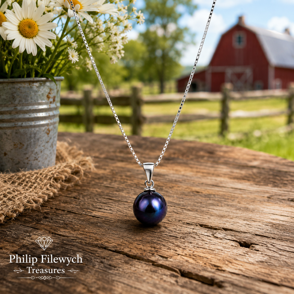 NC-12--Blue Freshwater Cultured Pearl Pendant Necklace – 8mm Pearl – 18" Silver Tone Box Chain
