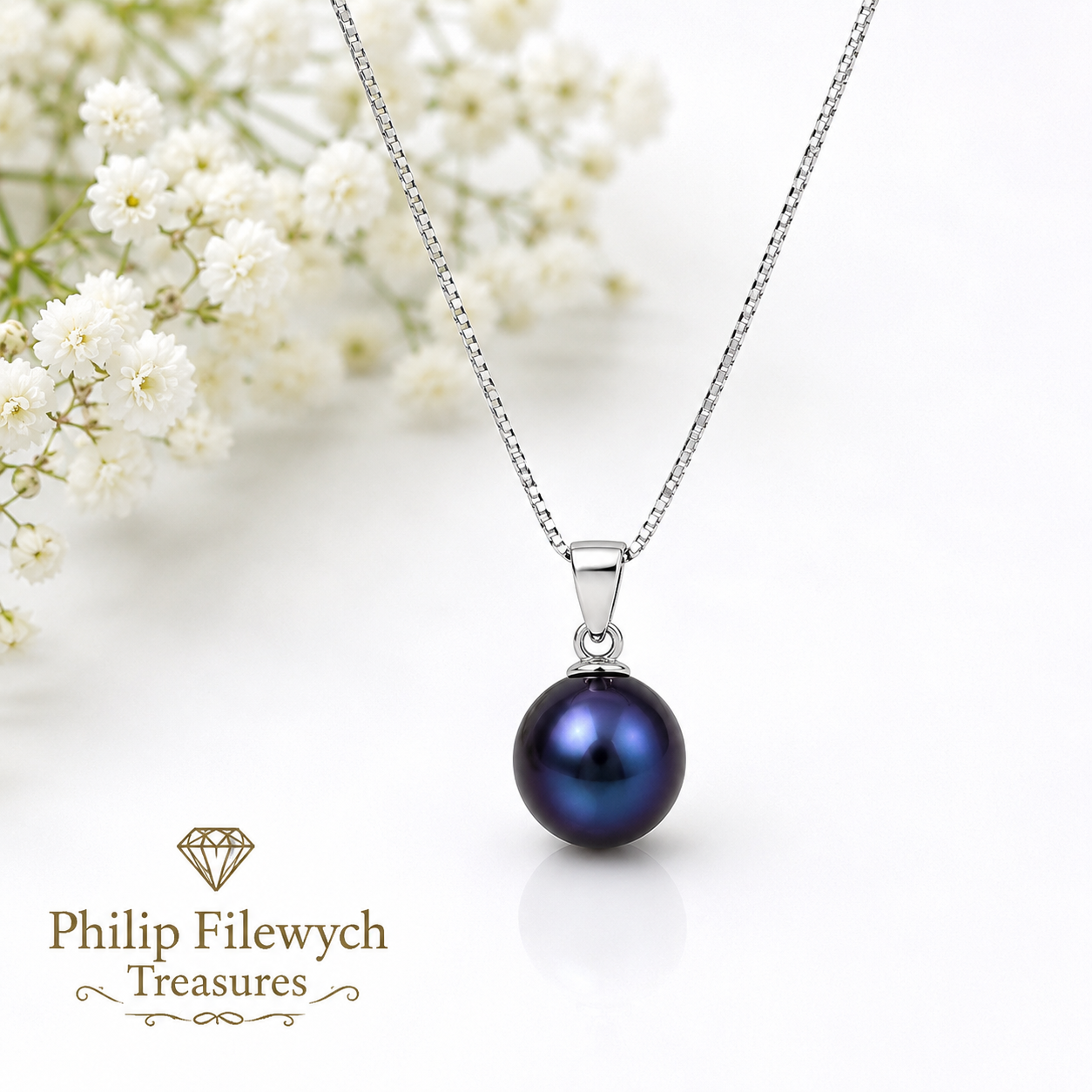 NC-12--Blue Freshwater Cultured Pearl Pendant Necklace – 8mm Pearl – 18" Silver Tone Box Chain