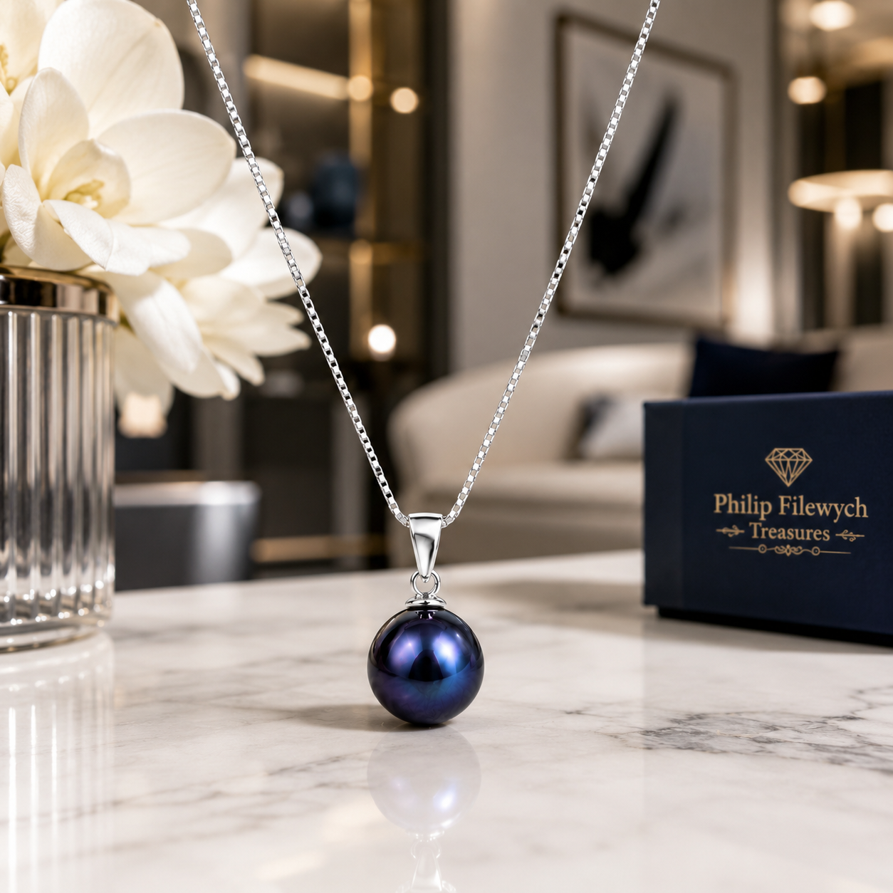 NC-12--Blue Freshwater Cultured Pearl Pendant Necklace – 8mm Pearl – 18" Silver Tone Box Chain