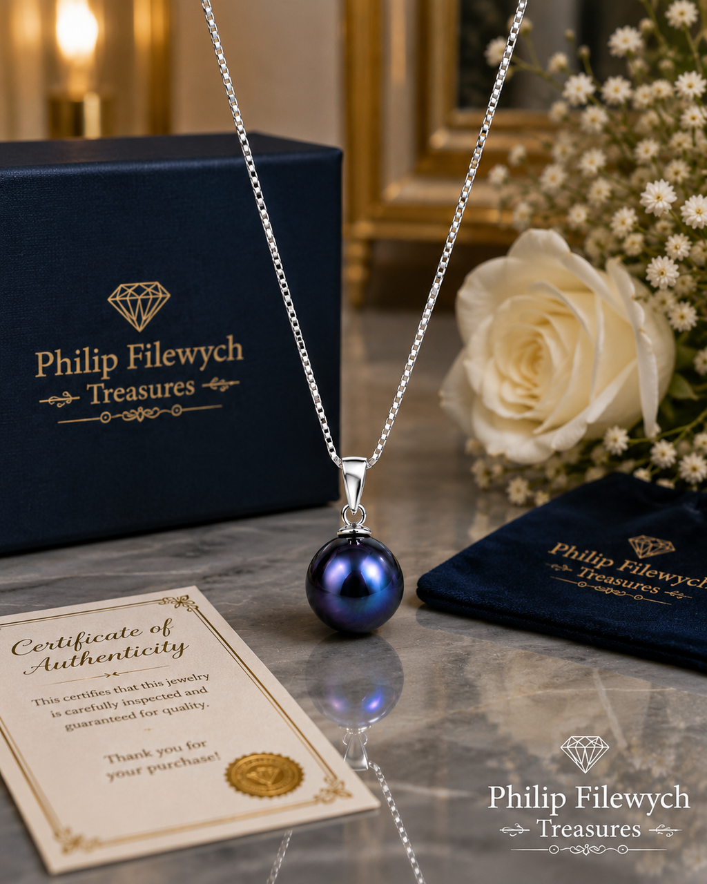 NC-12--Blue Freshwater Cultured Pearl Pendant Necklace – 8mm Pearl – 18" Silver Tone Box Chain