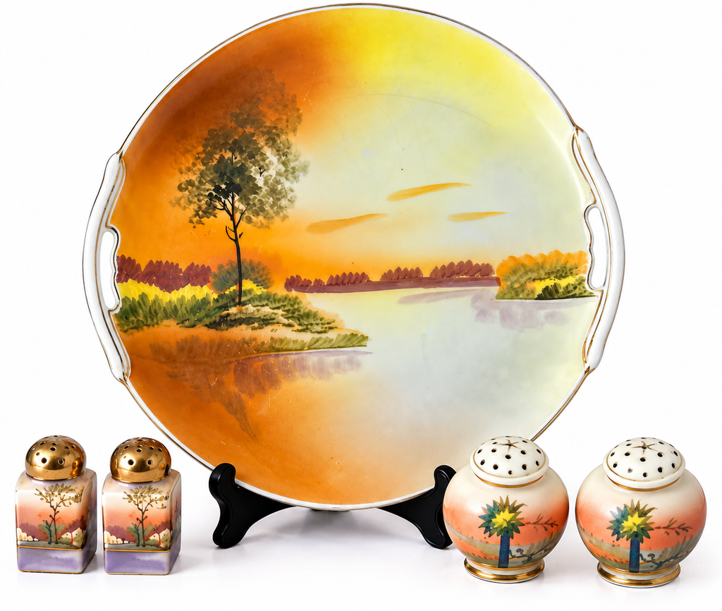 Nippon-10--Antique Nippon Hand Painted Scenic Landscape Plate & 4 Salt Pepper Shakers Green Crown Japan