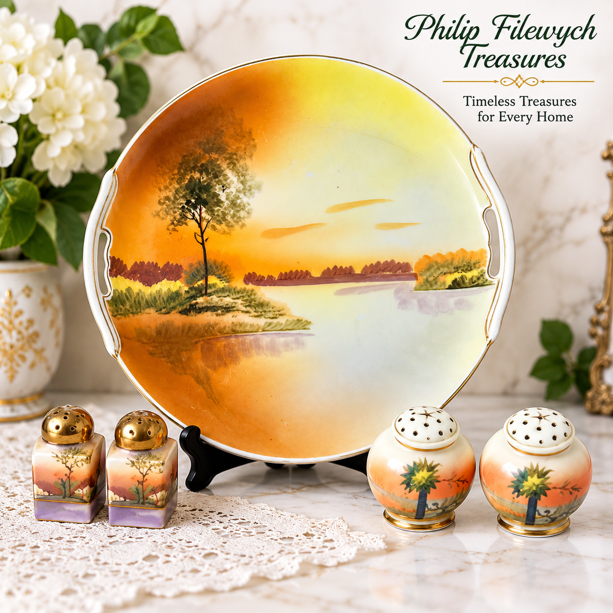 Nippon-10--Antique Nippon Hand Painted Scenic Landscape Plate & 4 Salt Pepper Shakers Green Crown Japan