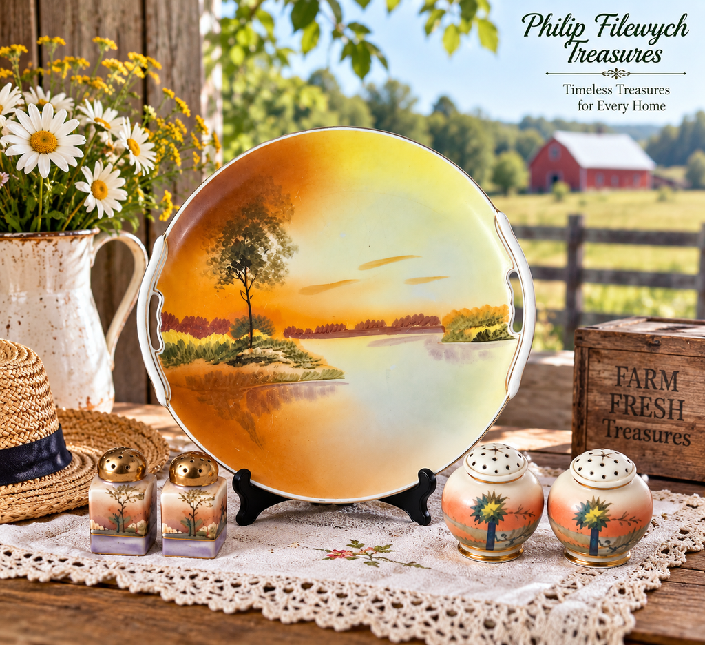 Nippon-10--Antique Nippon Hand Painted Scenic Landscape Plate & 4 Salt Pepper Shakers Green Crown Japan