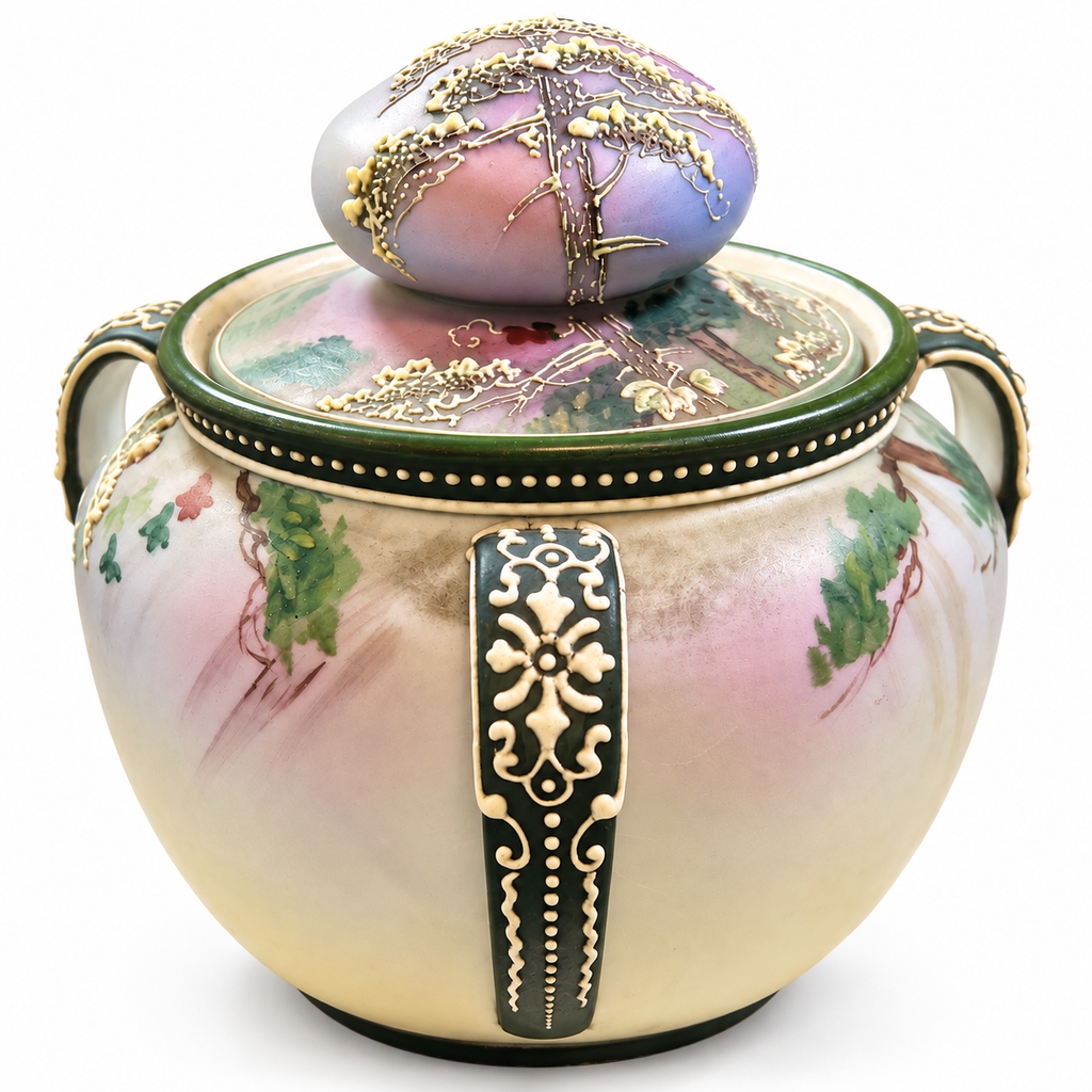 Nippon-12--Antique 1911–1921 Hand Painted Nippon Morimura Moriage 3-Handled Porcelain Tobacco Humidor