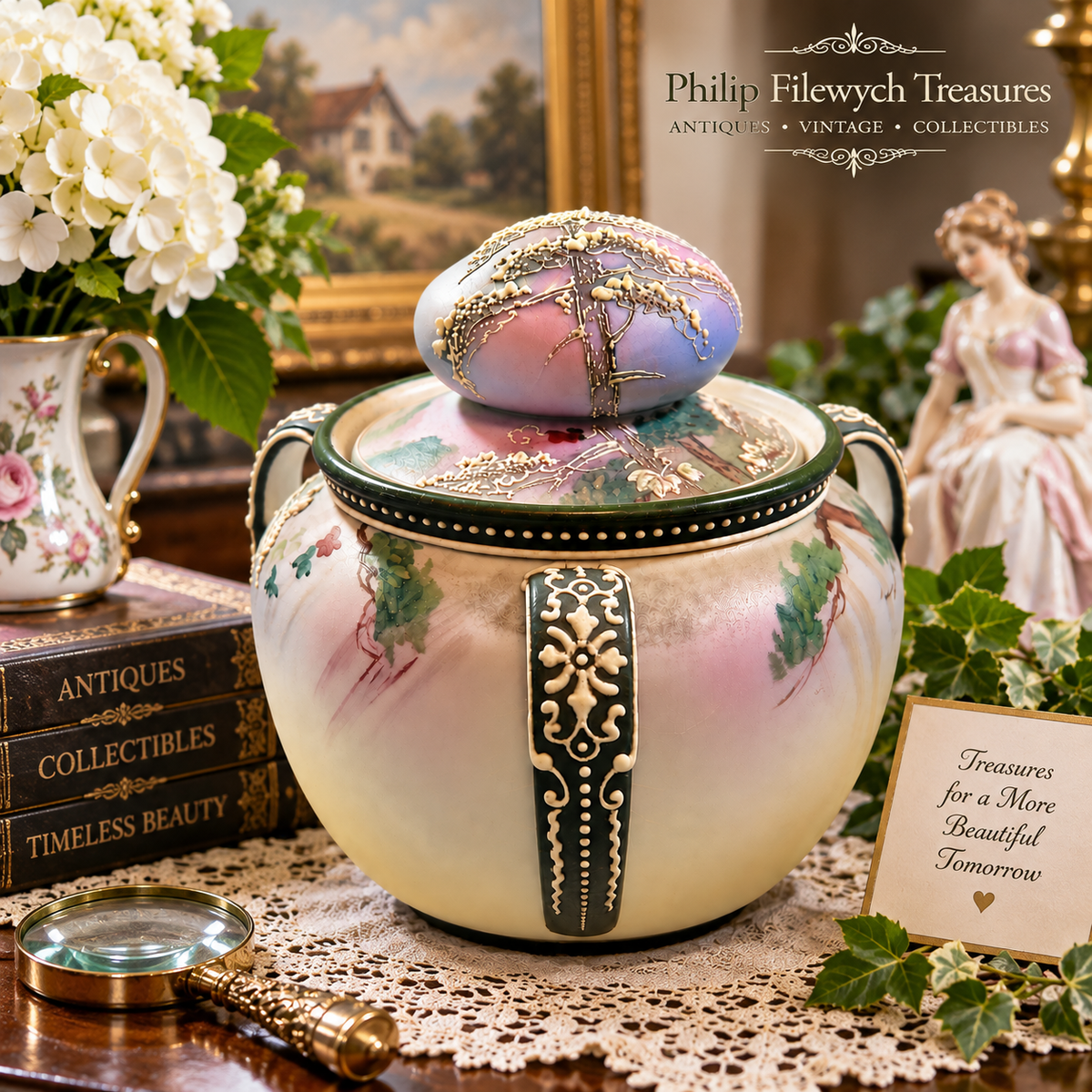 Nippon-12--Antique 1911–1921 Hand Painted Nippon Morimura Moriage 3-Handled Porcelain Tobacco Humidor