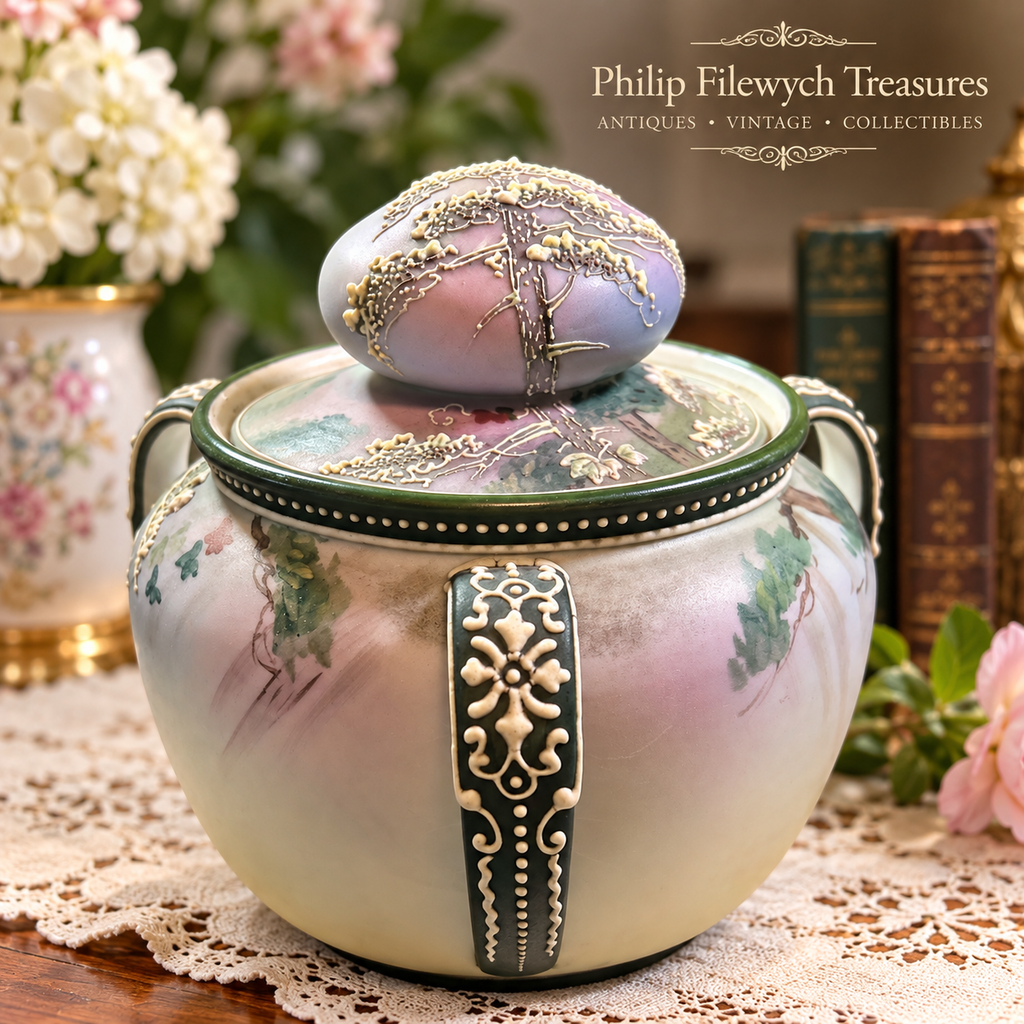 Nippon-12--Antique 1911–1921 Hand Painted Nippon Morimura Moriage 3-Handled Porcelain Tobacco Humidor