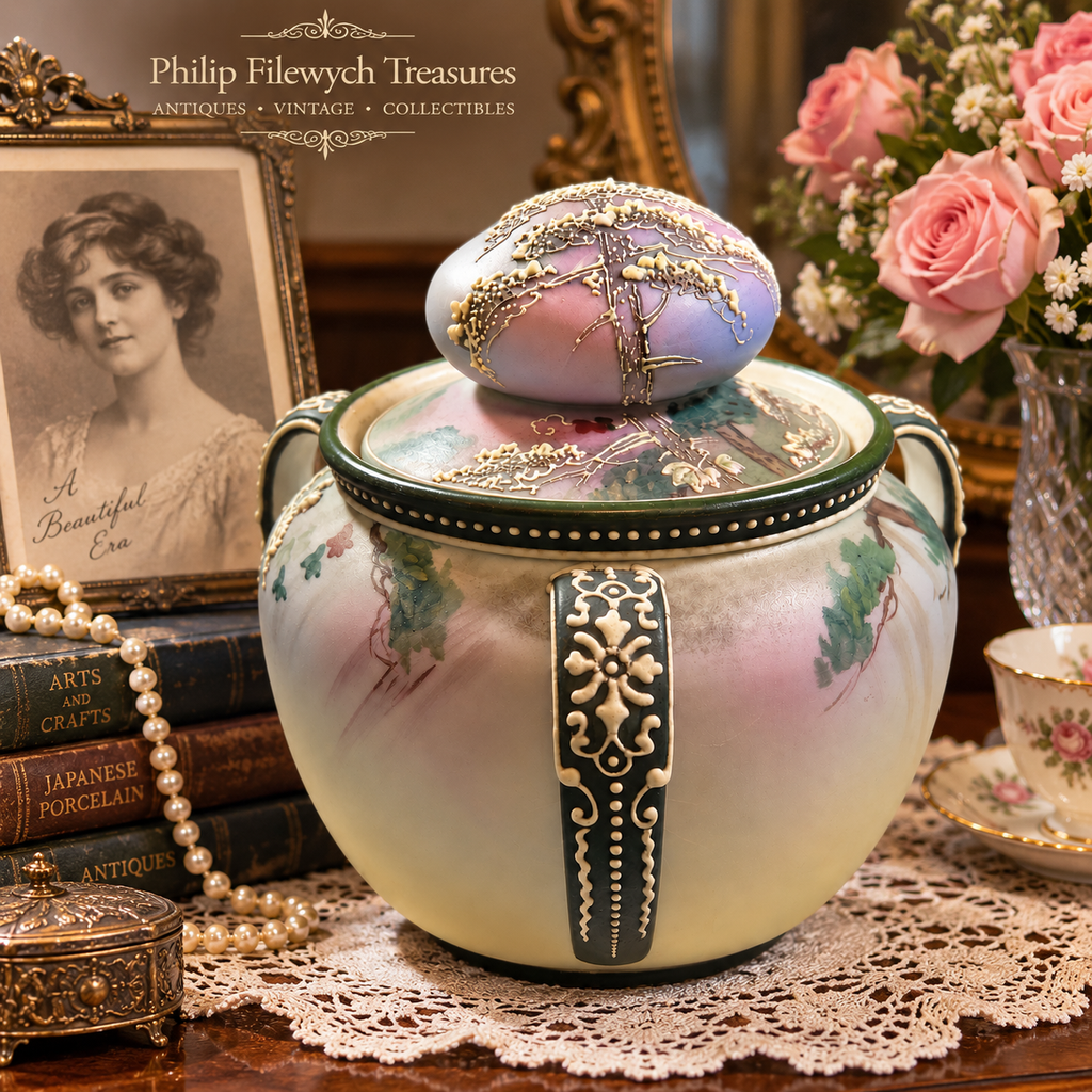 Nippon-12--Antique 1911–1921 Hand Painted Nippon Morimura Moriage 3-Handled Porcelain Tobacco Humidor